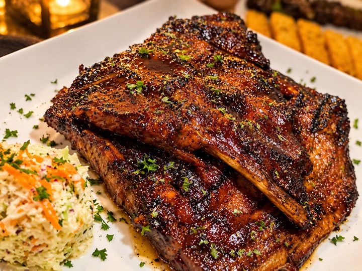 A glazed, charred slab of Ribs Factory ribs with coleslaw